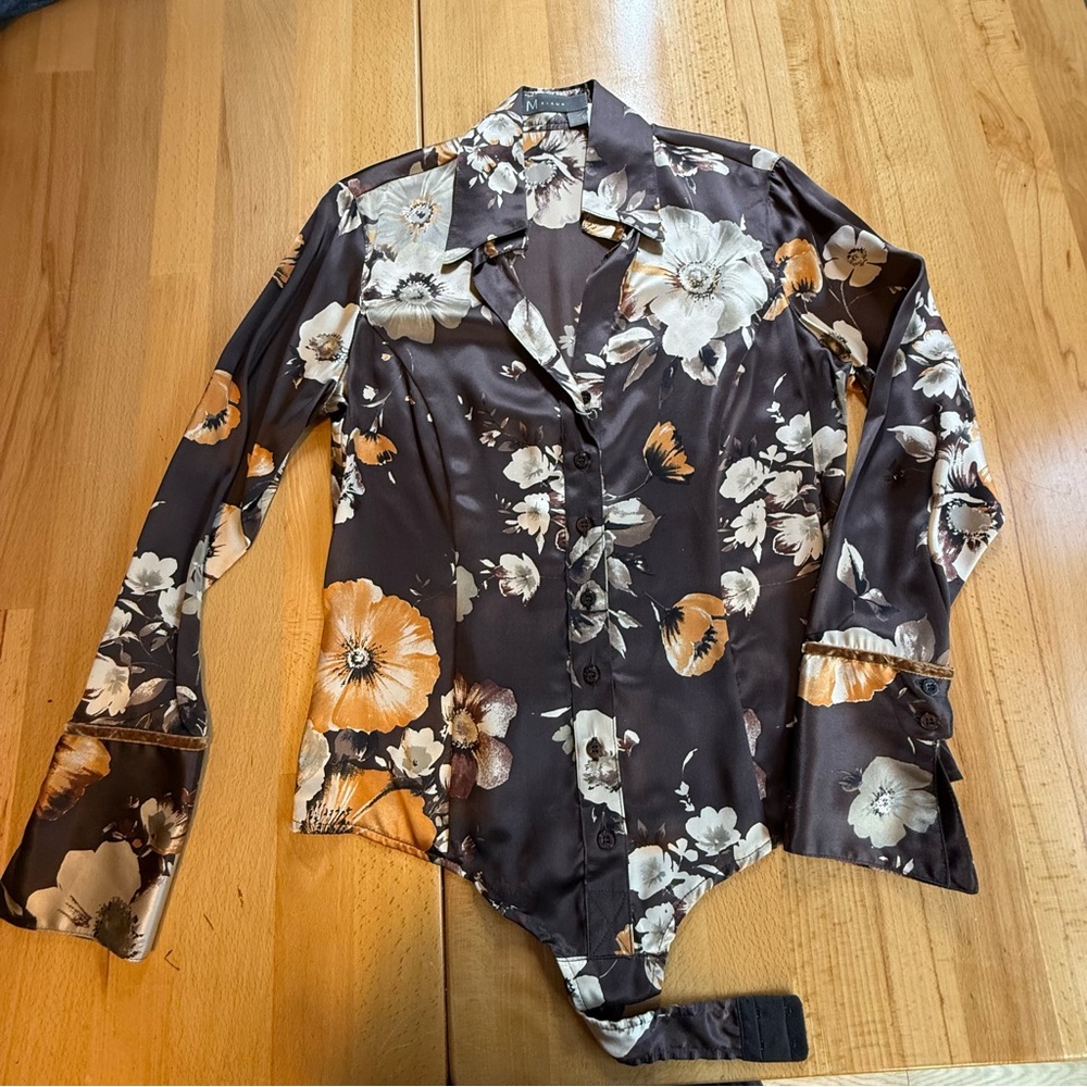 Floral Satin Bodysuit - Brown and Orange